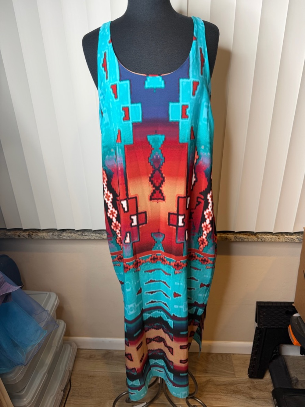 Metaphor Turquoise Multi-Color Printed Maxi Dress Cris’s Cross Back Size 12